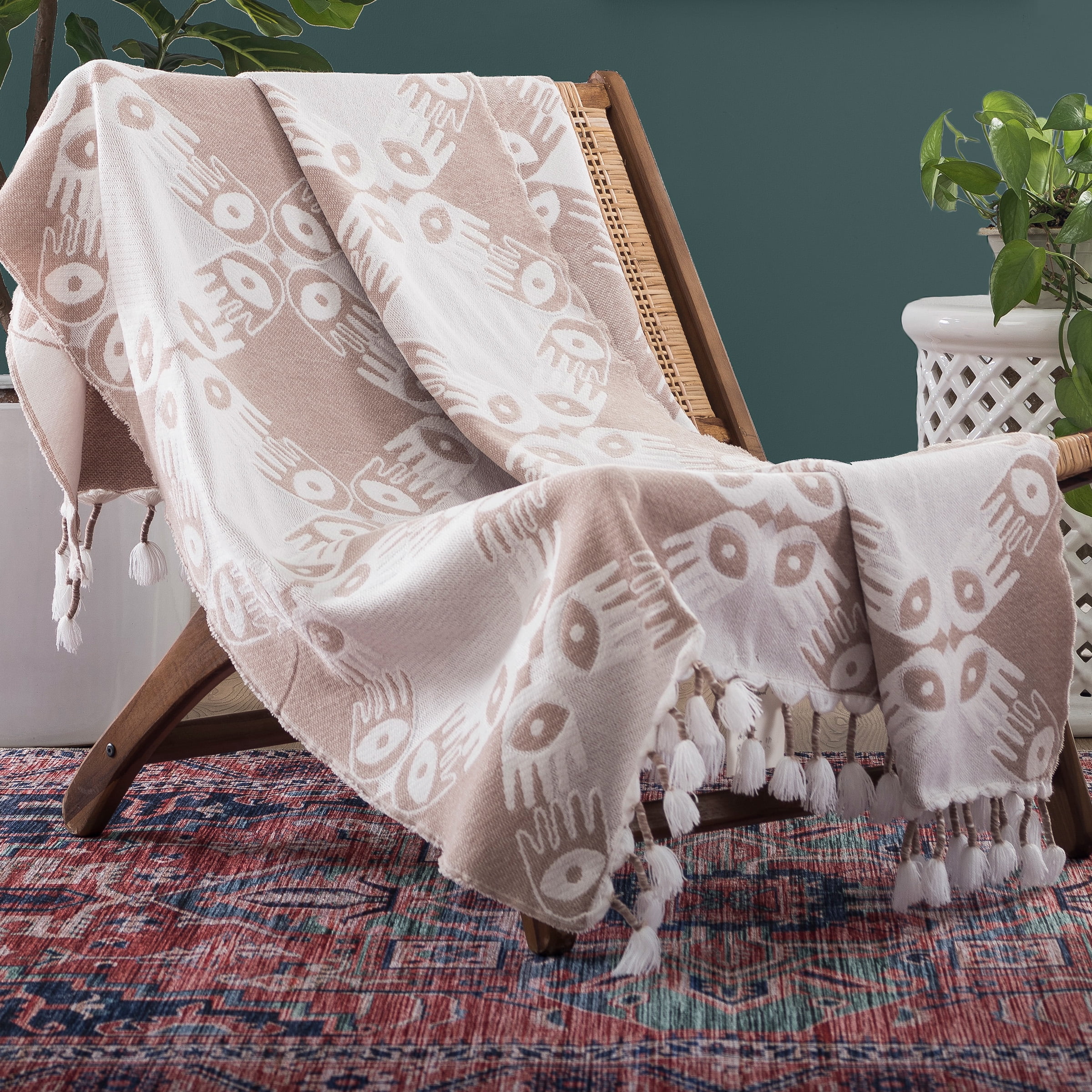 Tan and White Woven Polyester-Acrylic Throw Blanket with Tassels