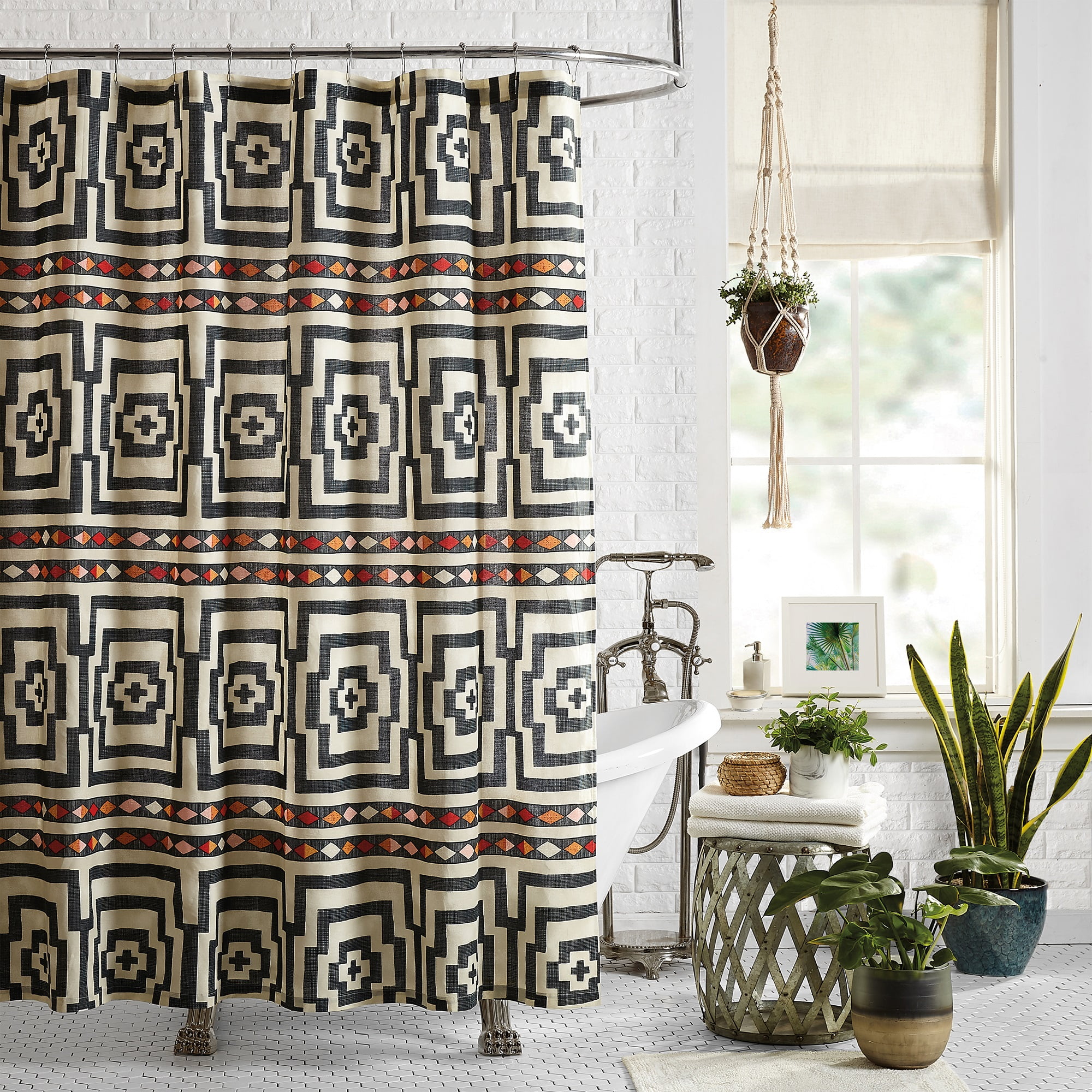 Hypnotic Multicolor Geometric Fabric Shower Curtain with Liner
