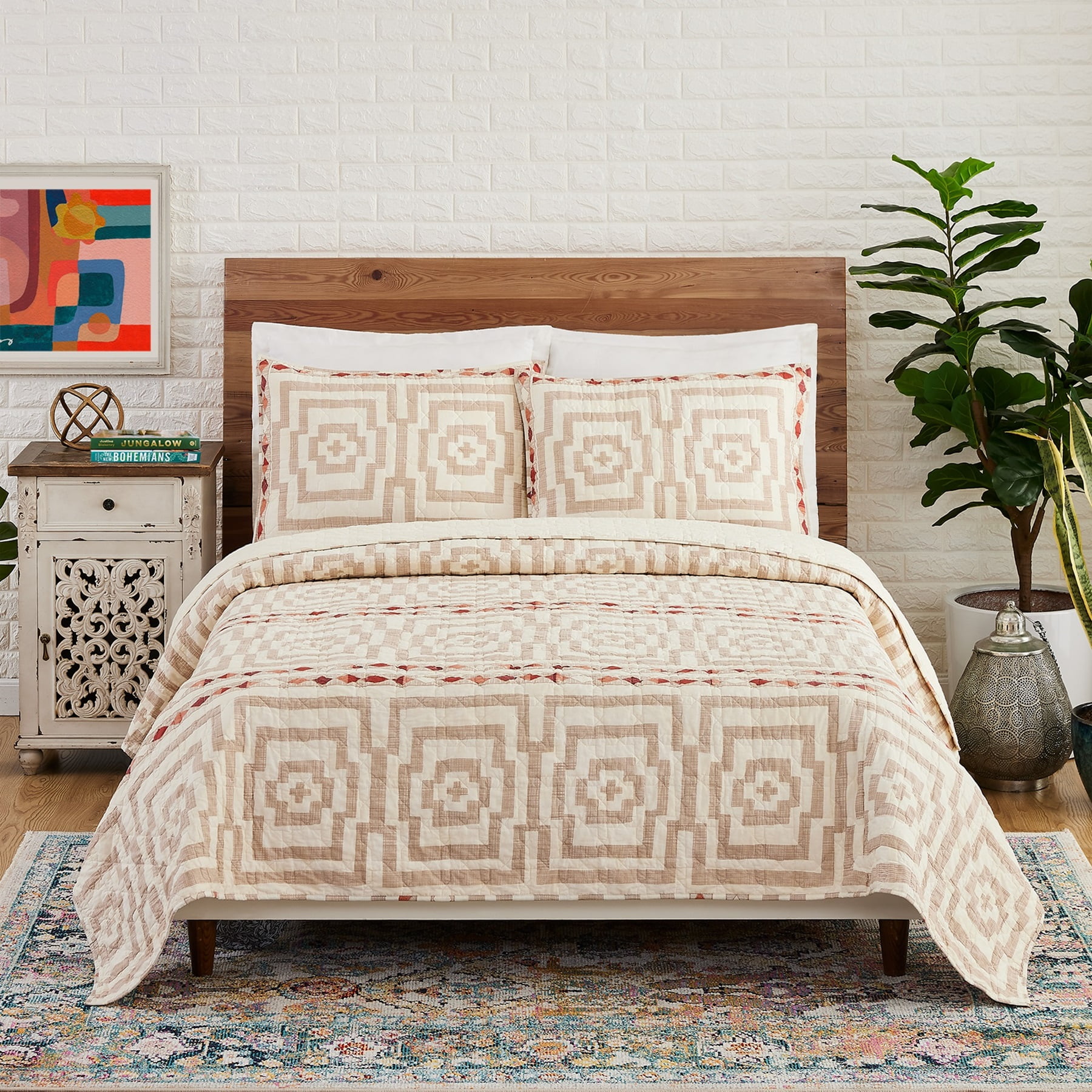 Hypnotic Cream and Taupe Cotton King Quilt Set
