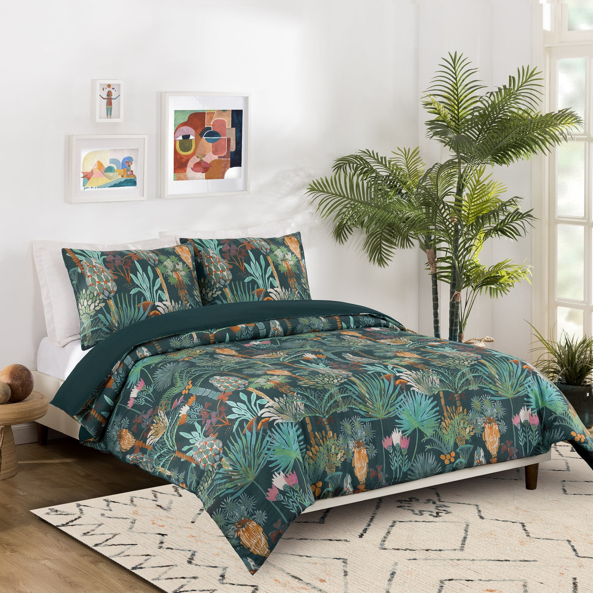 Phoenix Tropical Multicolor Cotton Queen Duvet Cover Set