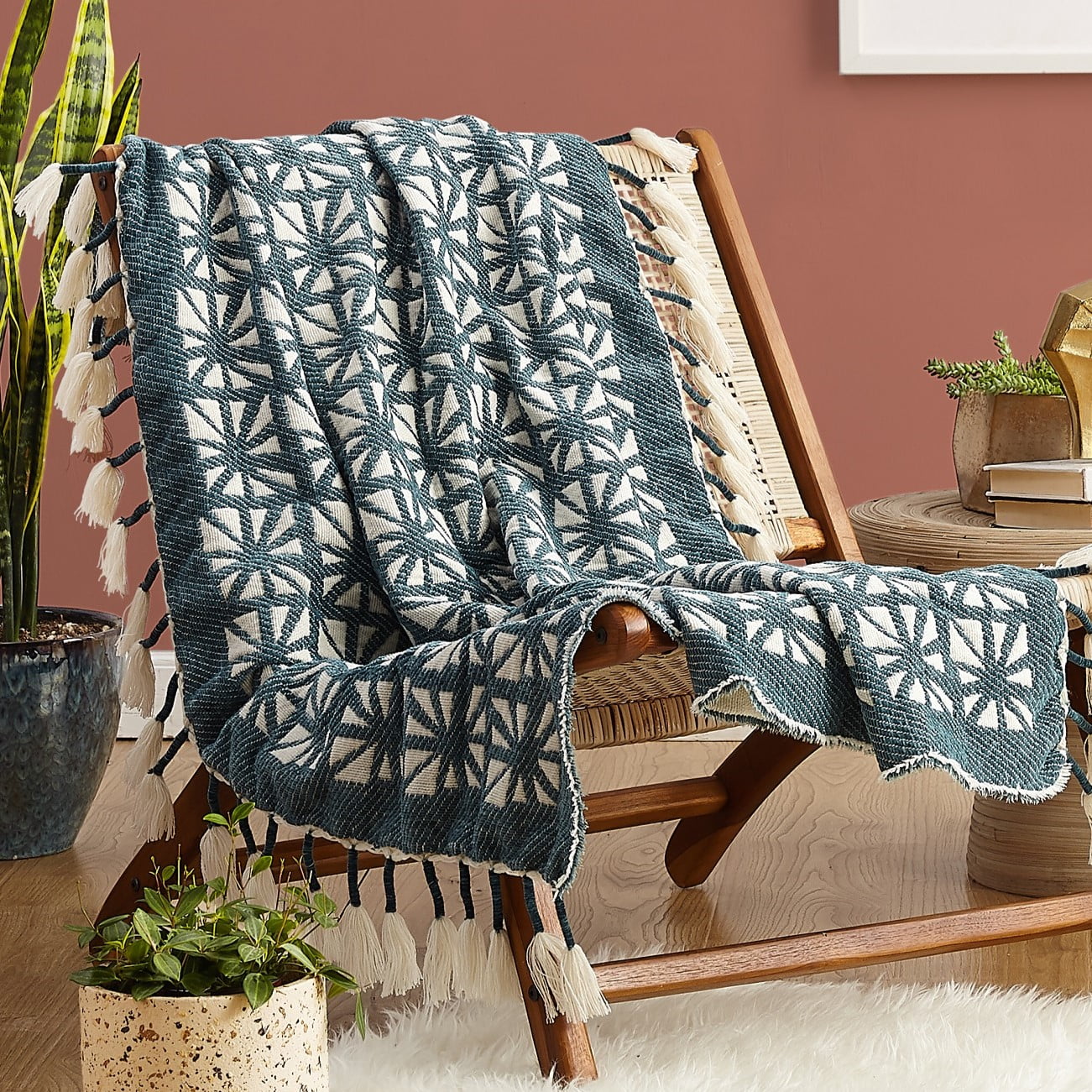 50"x60" Teal Blue Geometric Fringe Bohemian Throw Blanket
