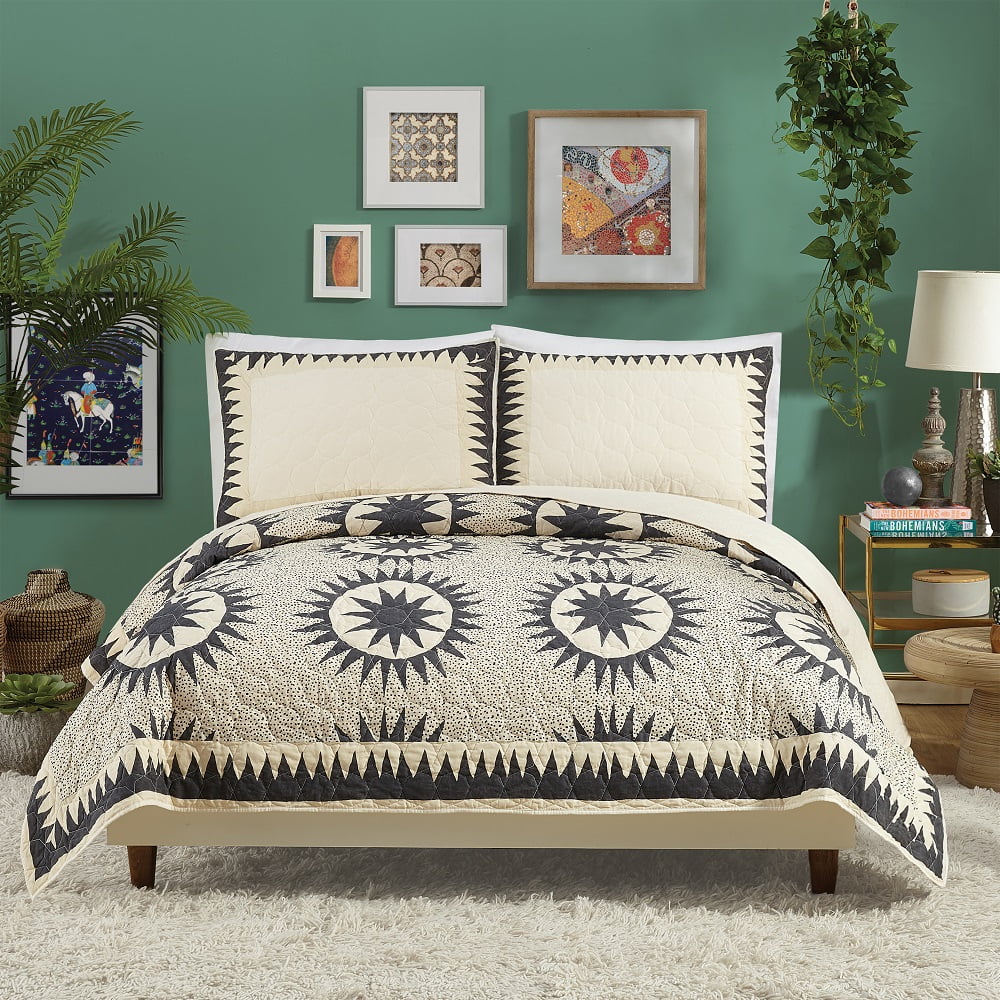 King Black Cotton Reversible Quilt Set
