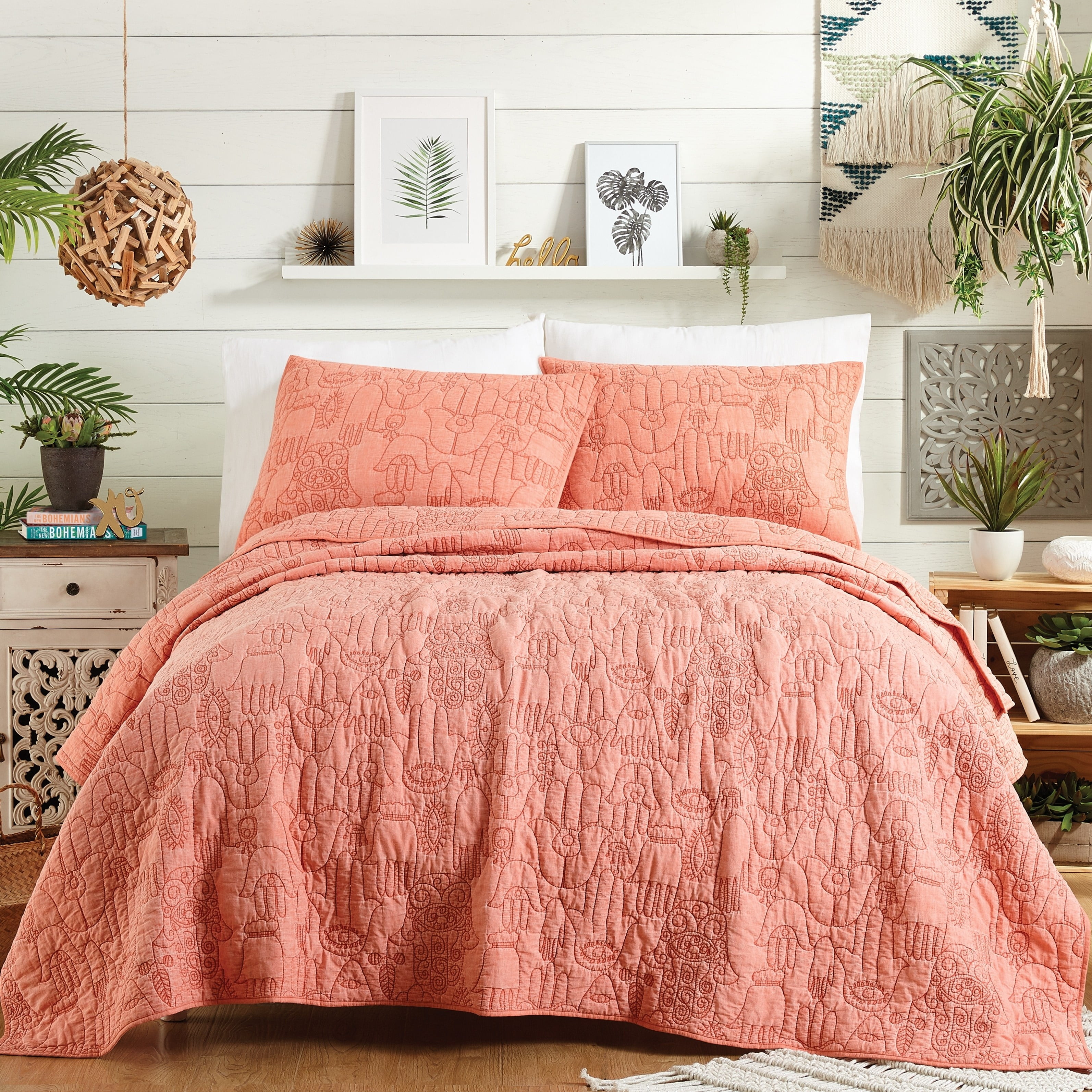 King Coral Cotton Bohemian Quilt and Sham Set