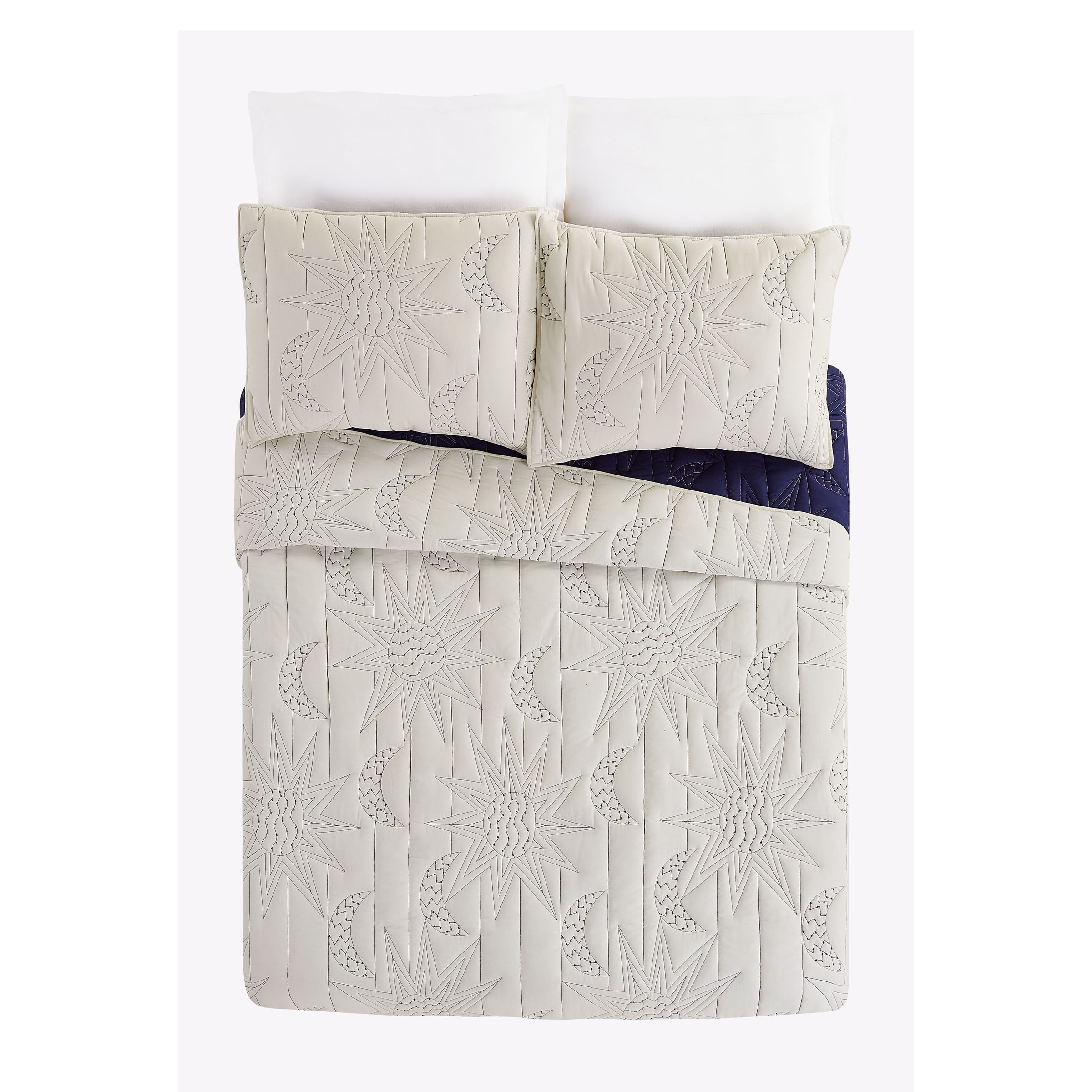 Full White Cotton Reversible Quilt Set with Graphic Detail