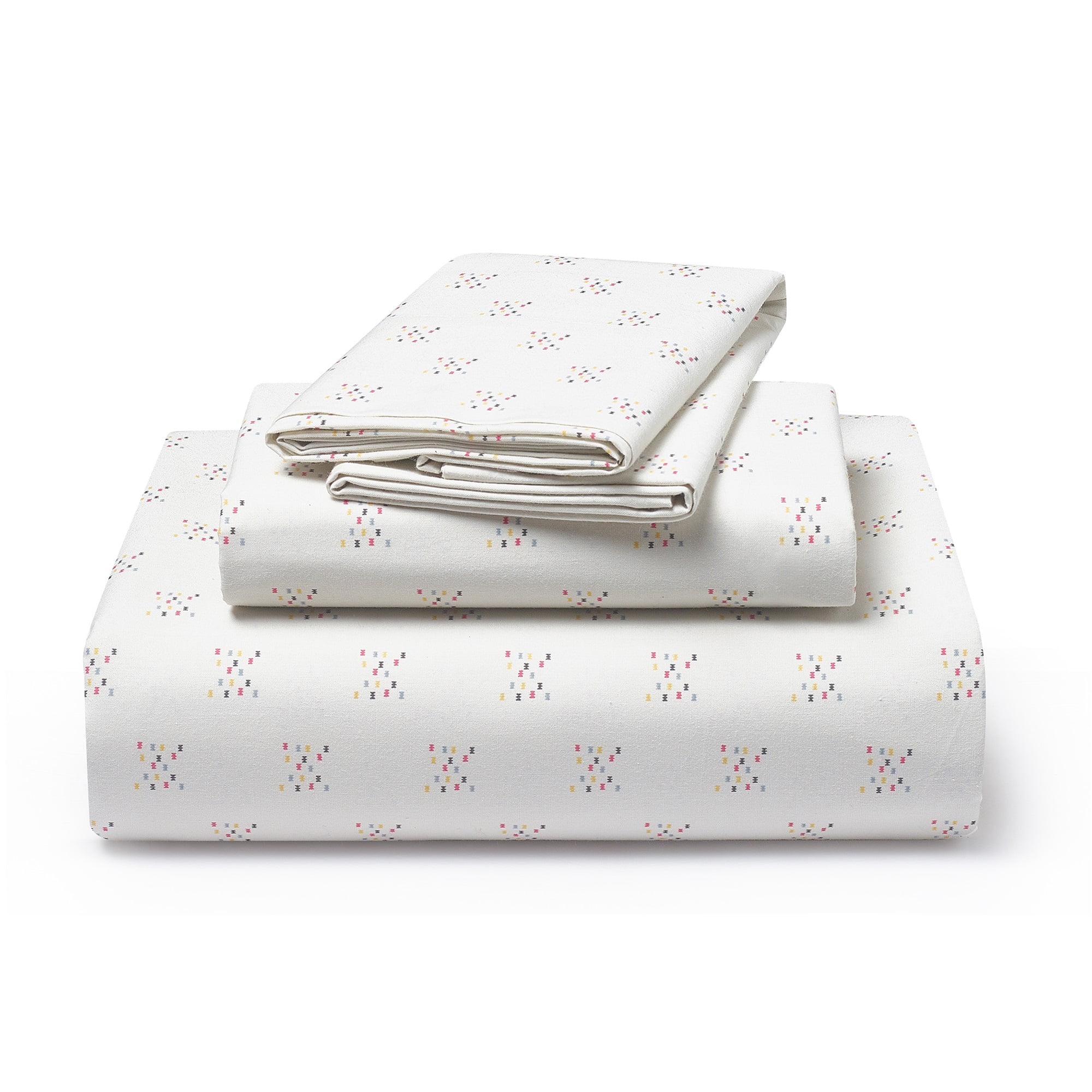 Cream Cotton Percale Twin Sheet Set with Geometric Print