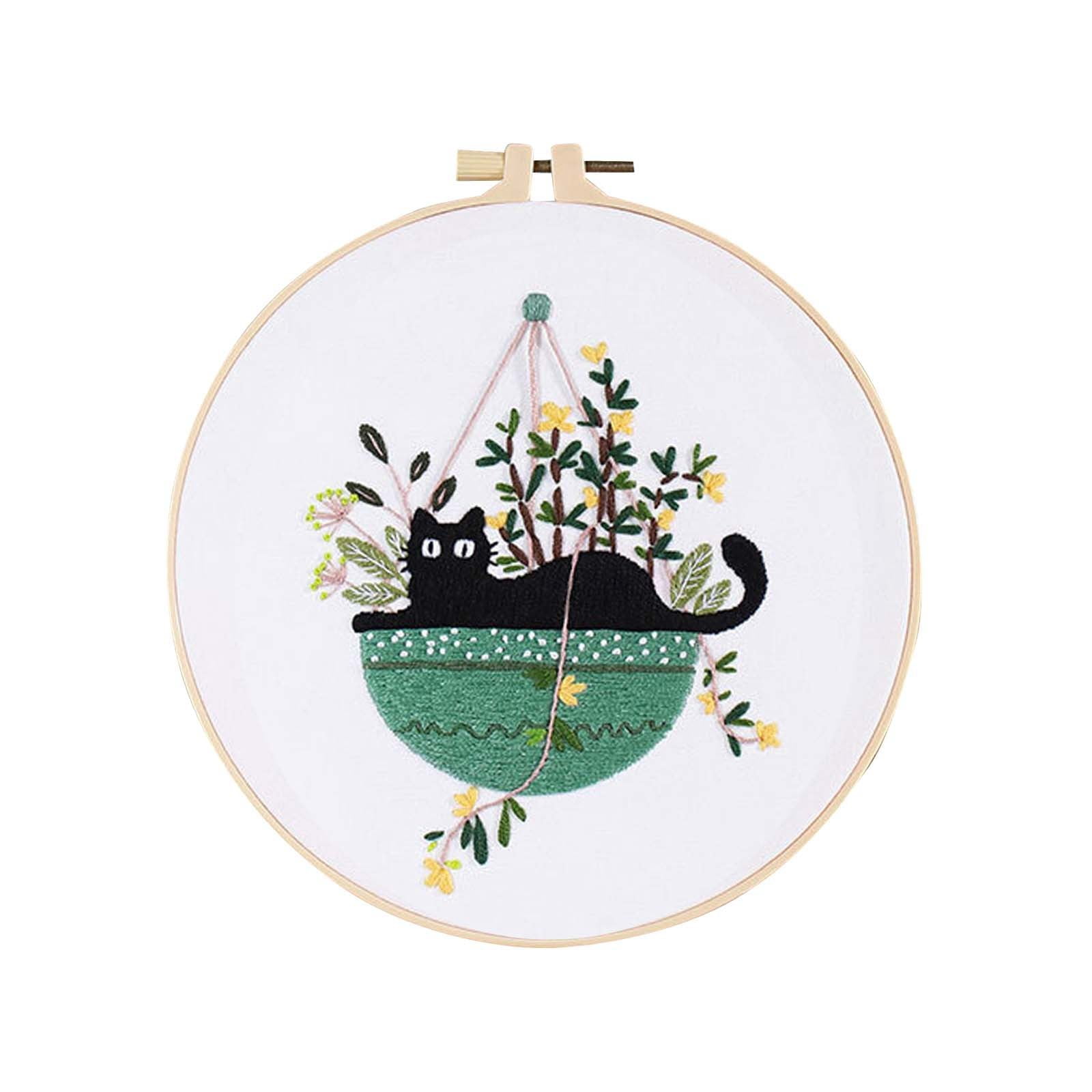 Jungdeepe Cat Embroidery Kit For Beginners Floral Modern Botanical Hand