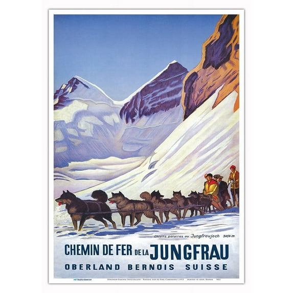 Jungfrau Railway Switzerland - Bernese Alps - Dog Sled Huskies - Vintage Railroad Travel Poster by Emil Cardinaux c.1925 - Master Art Print 10in x 14in