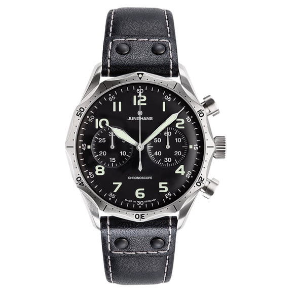 Junghans Pilot Chronoscope Automatic Chronograph Stainless Steel Black Dial Black Leather Strap Mens Watch 27/3590.00