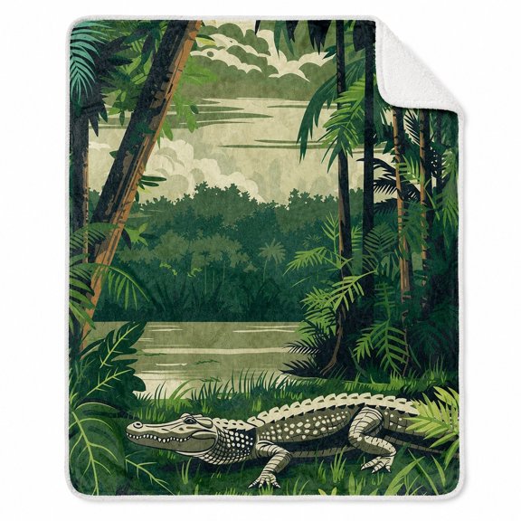 Jungle Alligator Sherpa Blanket, Soft Polyester Fleece Throw