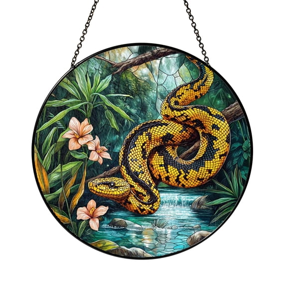 Jungle Anaconda Snake Stained Glass Style Suncatcher Window Hanging, Tropical Reptile Art Decor, Exotic Forest Animal Ornament for Rustic Nature Home Accent