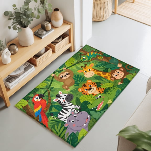 Jungle Animal 2'x3' Rug for Entryway Front Door Kitchen Sink Area, Parrot Zebra Tiger Sloth Crocodile Tropical Low Pile Washable Non Slip Rectangle Area Rug