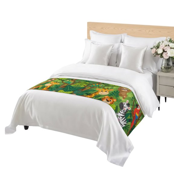 Jungle Animal Bed Runner King Size Parrot Zebra Tiger Sloth Crocodile Tropical Soft Bed Scarf for Foot of Bed, Decorative Bedding Scarf Protection for Hotel Home Bedroom 94 x 20 Inch