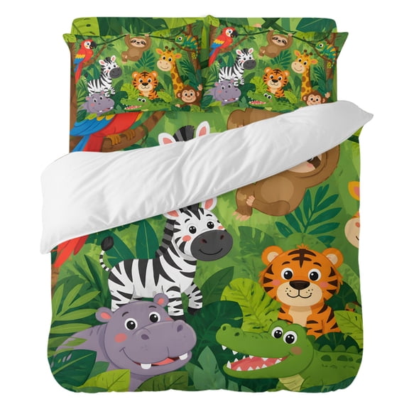 Jungle Animal Bedding Duvet Cover Set California King Size 4 Pieces, Parrot Zebra Tiger Sloth Crocodile Tropical Bedding Set with Zipper, 1 Comforter Cover 96x104 Inches 1 Flat Sheet & 2 Pillow Cases