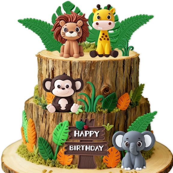Jungle Animal Cake Decorations Set - Adventure Theme Party Supplies with Cartoon Figures & Greenery