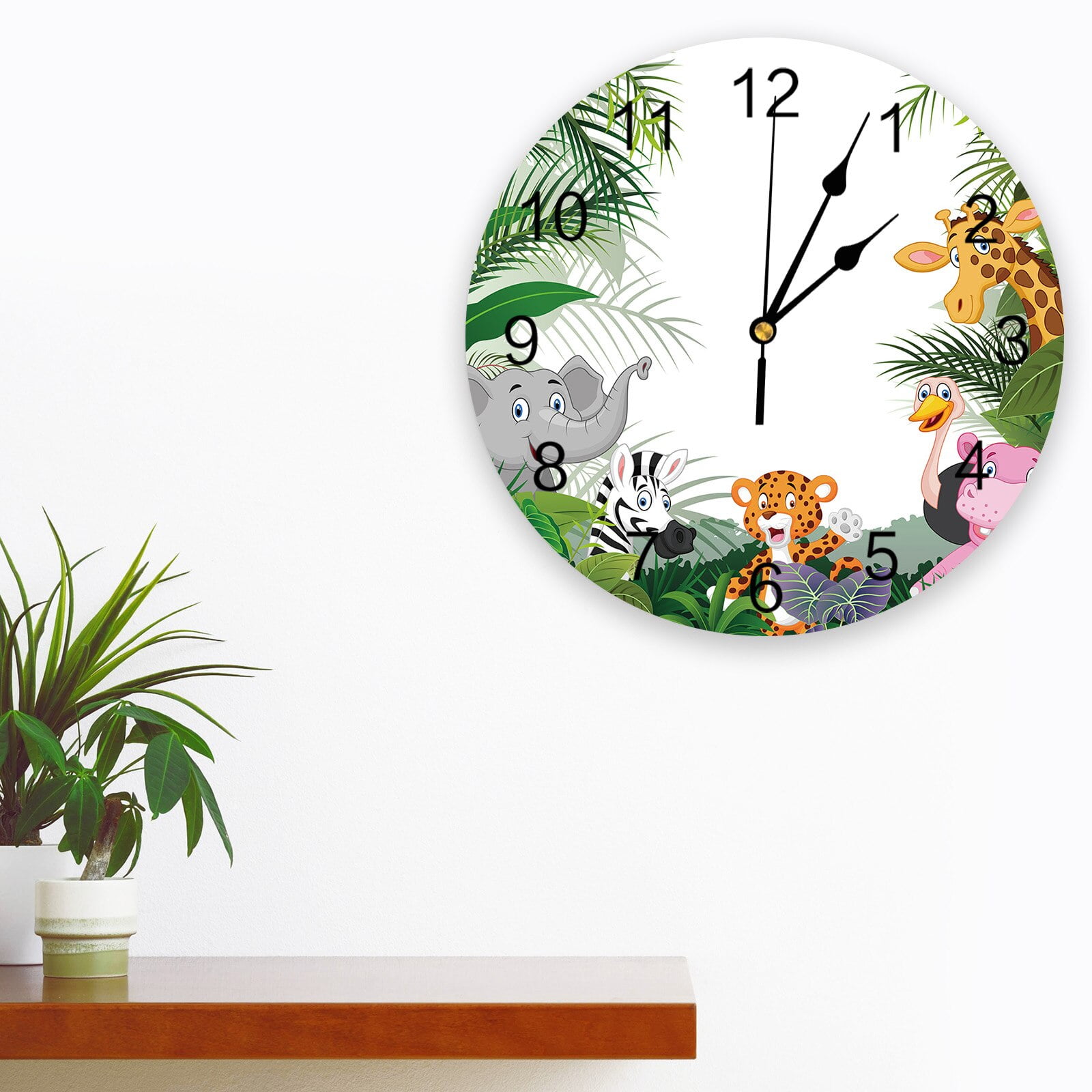 Jungle Animal Cartoon Giraffe Elephant Round Wall Clock for Home Decor