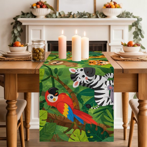 Jungle Animal Dining Table Runner, Parrot Zebra Tiger Sloth Crocodile Tropical Washable Table Runners Kitchen Coffee Table Center Decor for Home Party Holiday Wedding 13 x 60 Inches