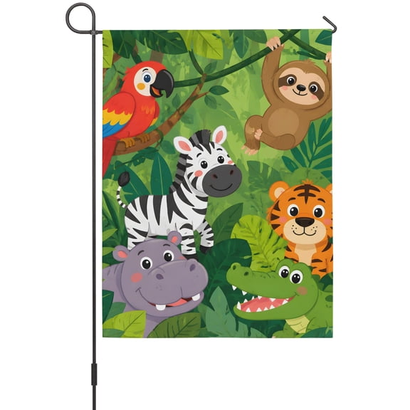 Jungle Animal Garden Flag 12 x 18 Inches, Parrot Zebra Tiger Sloth Crocodile Tropical Weather Proof Outdoor Patio Flags Double Sided Small Garden Decoration for Yard Outside Home
