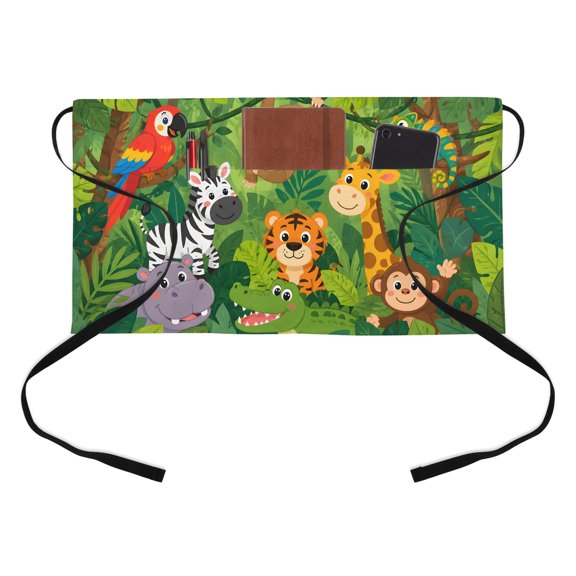 Jungle Animal Kitchen Restaurant Half Waist Apron, Parrot Zebra Tiger Sloth Crocodile Tropical Server Short Apron with 3 Pockets Waterproof Oil Waist Aprons for Women Waitress Waiter