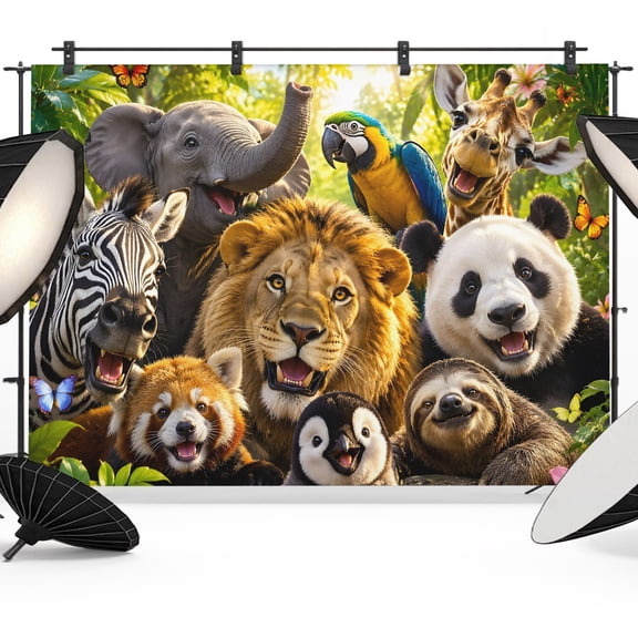 Jungle Animal Pattern Backdrops for Photography, Lion Elephant Panda Zebra Sloth Penguin Fabric Photo Background Sturdy Studio Props for Photo Studio, Video Recording, Booth & Photoshoot 10x8ft