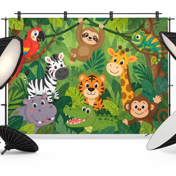 Jungle Animal Pattern Backdrops for Photography, Parrot Zebra Tiger Sloth Crocodile Tropical Fabric Photo Background Sturdy Studio Props for Photo Studio, Video Recording, Booth & Photoshoot 7x5ft