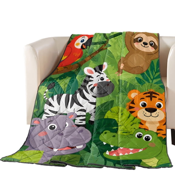 Jungle Animal Quilted Comforters Cooling Blanket Full Size, Parrot Zebra Tiger Sloth Crocodile Tropical Cold Comfort for Hot Sleepers Lightweight Air Conditioning Quilt Blanket for Bed