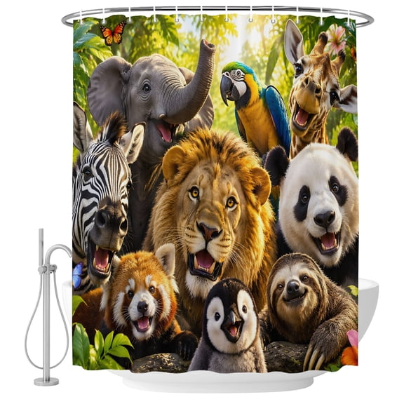 Jungle Animal Shower Curtain for Bathroom, Lion Elephant Panda Zebra Sloth Penguin Waterproof Machine Washable Shower Curtain Set with Hooks, Bath Decoration for Home Bathtub Stall 72"x72"