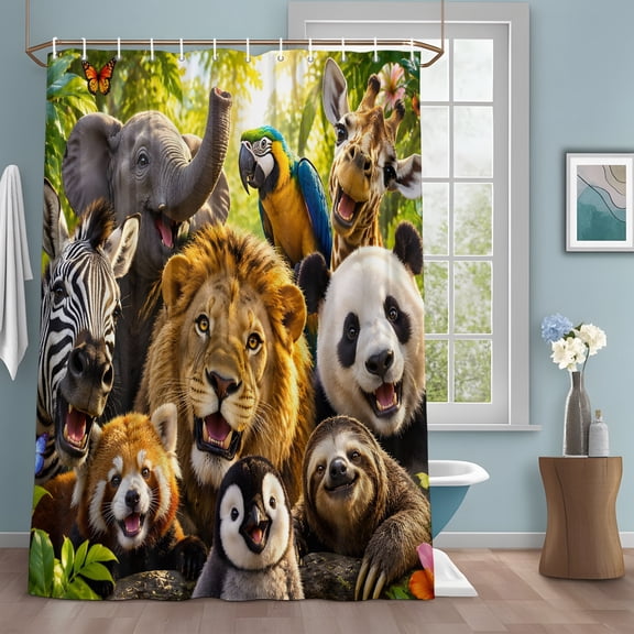Jungle Animal Shower Curtain Set with Hooks, Lion Elephant Panda Zebra Sloth Penguin Water Repellent Sturdy Shower Curtains for Bathroom Decoration, Machine Washable 36x72 Inch