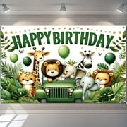 Jungle Animal Theme Birthday Backdrop Happy Birthday Banner Cartoon Safari Adventure Party Backdrop for Kids Safari Theme Party Decoration Supplies