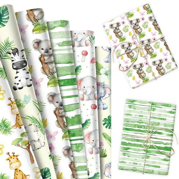 Jungle Animal Themed Wrapping Paper Set - Cute Wildlife & Watercolor Design for Party Decor & Gift Packaging
