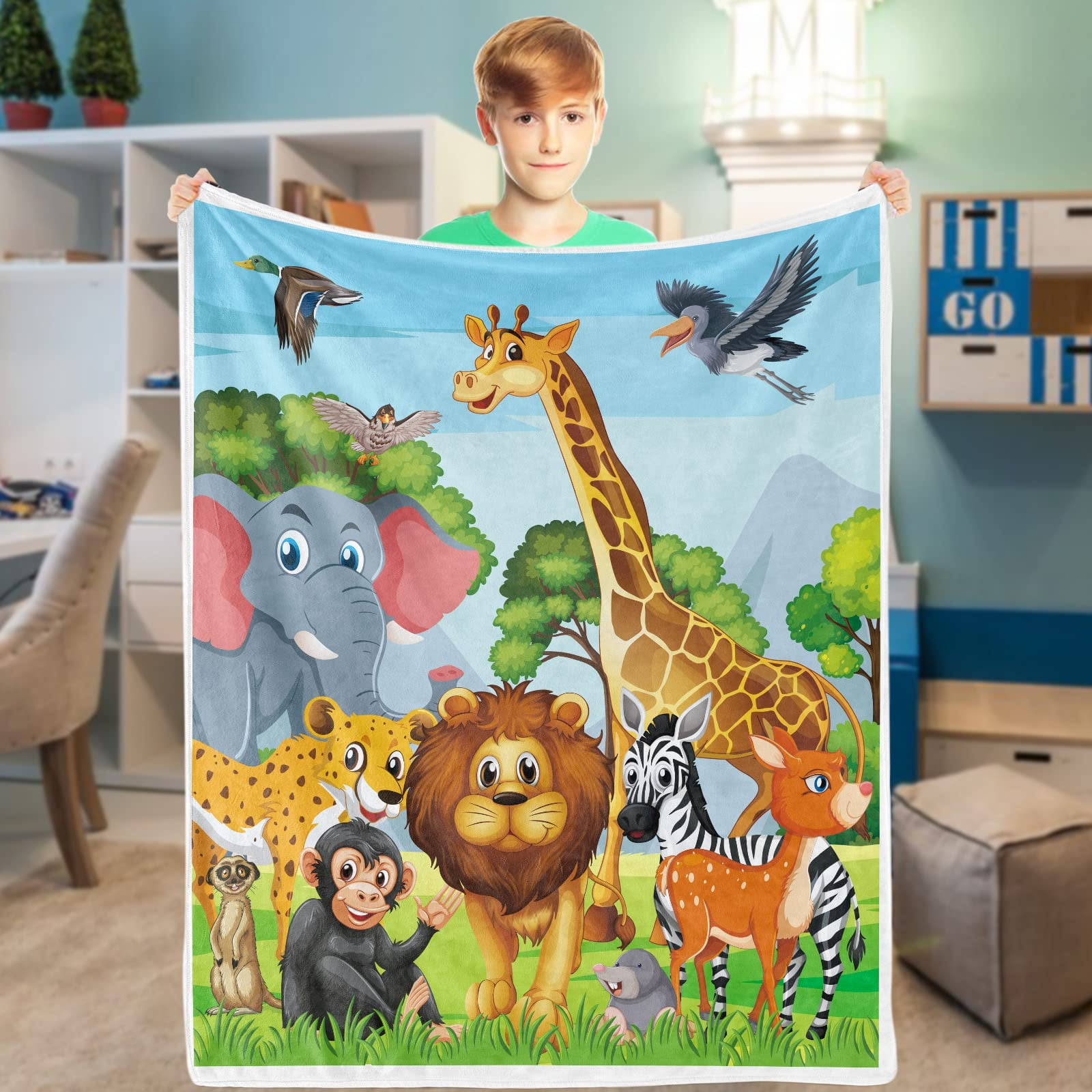 Jungle Animal Throw Blanket, Cozy Flannel Animal Blanket for Kids, Soft