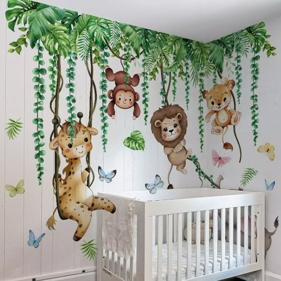 Jungle Animal Tree Branch Wall Decals tree wall decals plant wall Stickers Safari Animal Monkey Lion Wall Stickers DIY Peel and Stick Baby Nursery Kids Bedroom Living Room Wall Decor