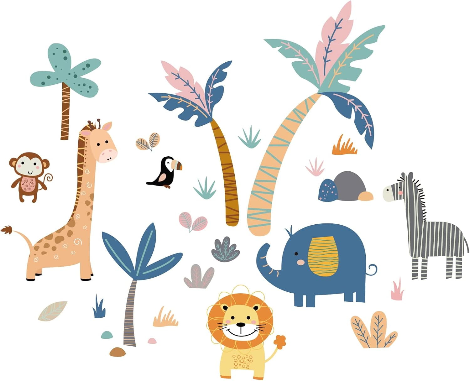 Jungle Animal Wall Stickers Monkey Tree Wall Decals Elephant Giraffe ...