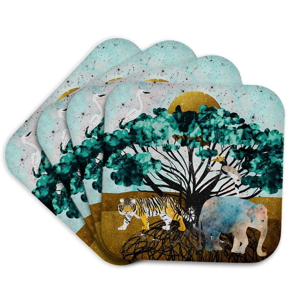 3drose, Jungle Animals and Banyan Tree Watercolor, Set of 4 Coasters - Soft