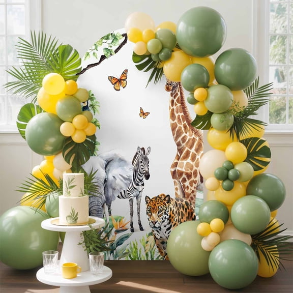 Jungle Animals Arch Backdrop Cover, 6FT, Giraffe Zebra Elephant Tiger Hawaii Tropical Plant Spandex Arch Covers Double-Sided Backdrop for Wedding Birthday Party Photo Background Decoration