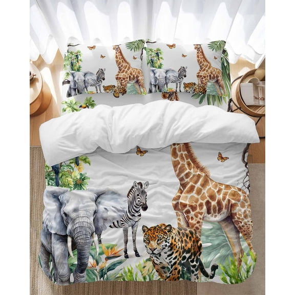 Jungle Animals Bedding Duvet Cover Set Twin 4 Pieces Giraffe Zebra Elephant Tiger Hawaii Tropical Plant Bedding Set with Zipper Closure,1 Comforter Cover 68x90 Inches 1 Flat Sheet & 2 Pillow Cases
