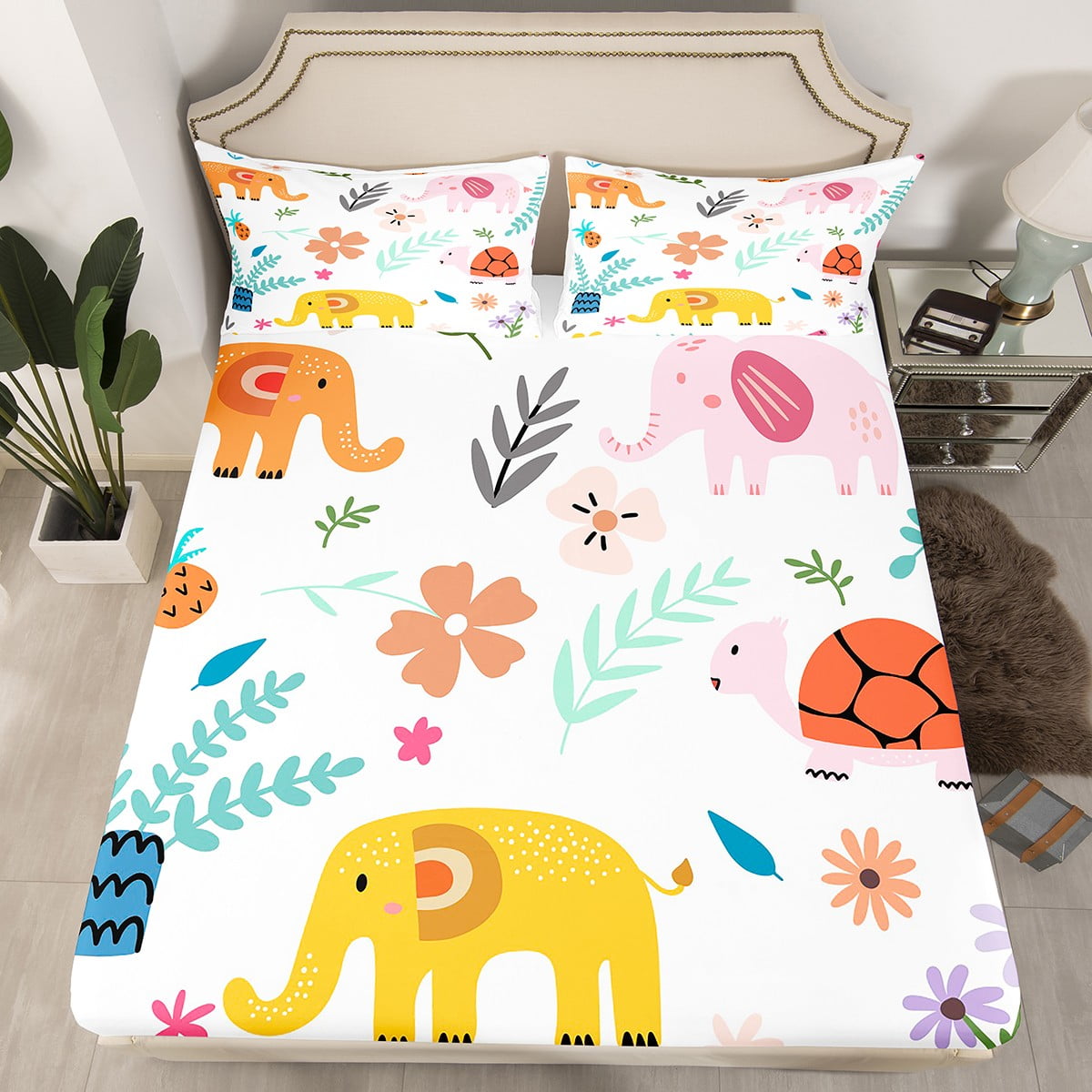 Jungle Animals Bedding Set Cartoon Elephants Turtle Bed Sheets Full for ...