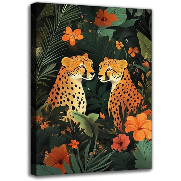 Jungle Animals Canvas Wall Art Prints - Framed Two Leopards Art Painting, Green Abstract Style Living room Decor Pictures, Wall Decor for Bedroom Bathroom Hallway Office Artwork