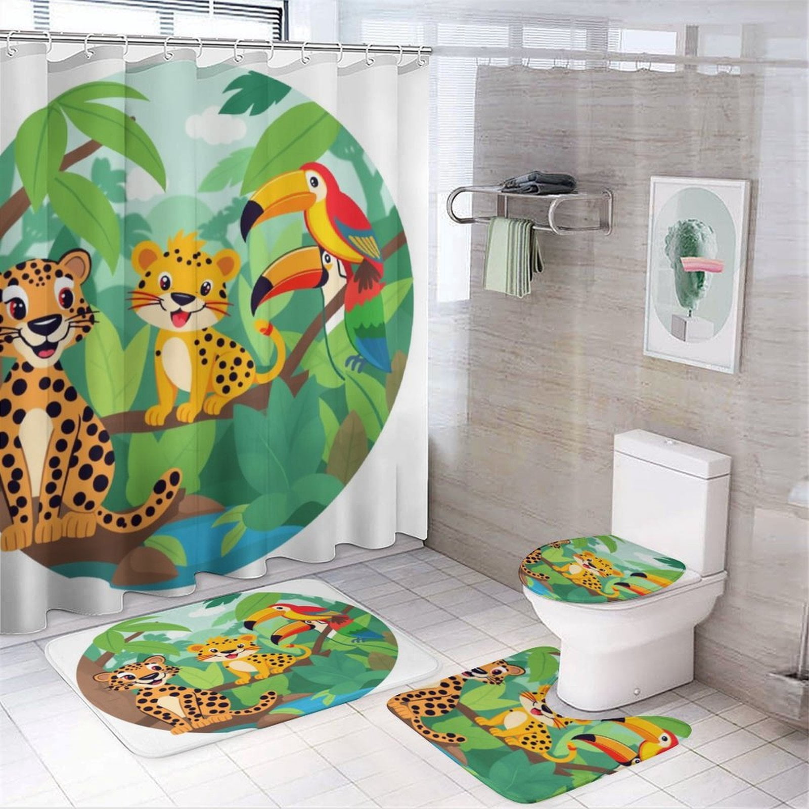 Jungle Animals Cartoon 4 Pcs Bathroom Shower Curtain Set, Bathroom Sets ...