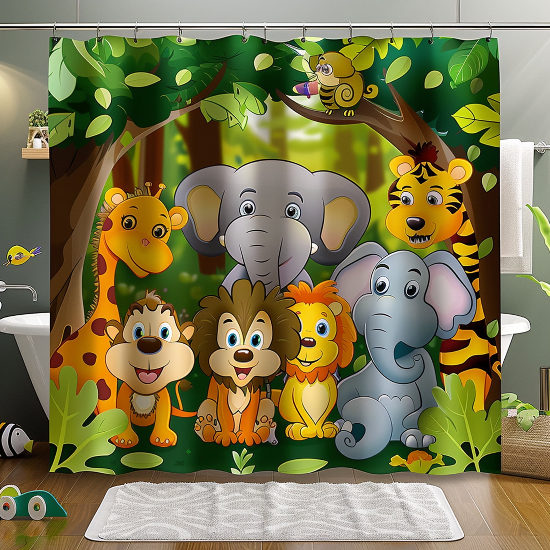 Jungle Animals Cartoon Shower Curtain Set High Quality Detailed Design ...