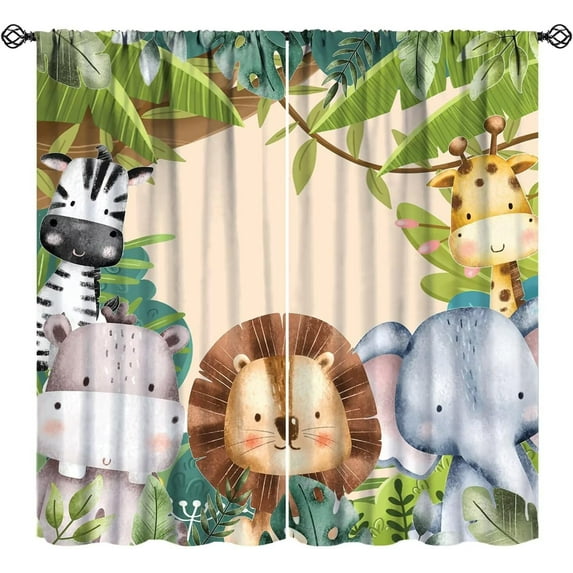 Jungle Animals Curtains Colorful Forest Cartoon Wildlife Lion Giraffe Elephant for Kids Boys Girls Nursery Bedroom Living Room Blackout Rod Pocket Decoration Window Drapes 2 Panels W52xL63in