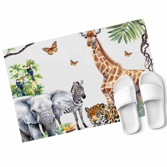 Jungle Animals Door Mat Giraffe Zebra Elephant Tiger Non Slip Absorbent Entrance Mat Washable Low Profile Indoor Doormat for Front Door Entryway Entry 16"x24"