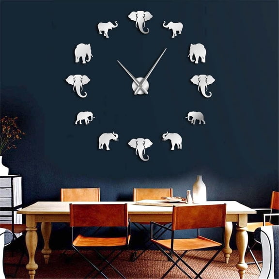 Jungle Animals Elephant DIY Large Wall Clock Home Decor Modern Design Mirror Effect Giant Frameless Elephants DIY Clock Watch(Silver,27inch)
