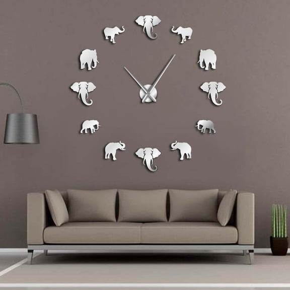 Jungle Animals Elephant DIY Large Wall Clock Modern Design Mirror Effect Giant Frameless Elephants DIY Clock Watch Home Decor(Silver,47inch)