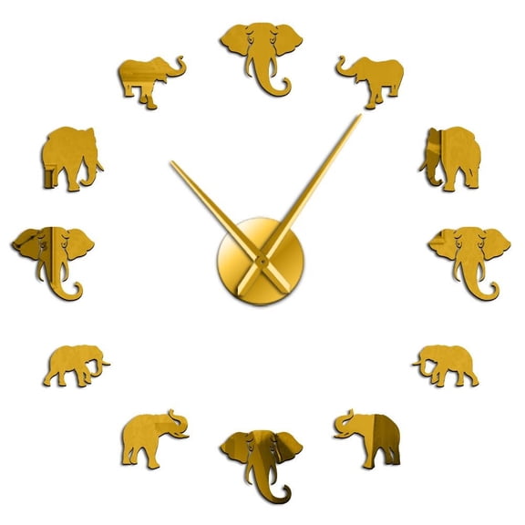 Jungle Animals Elephant Frameless Wall Clock Stickers, DIY Modern Decorative Clocks for Living Room, Bedroom, Office - Easy to Install, Large 3D Clock Design (Gold,47in)