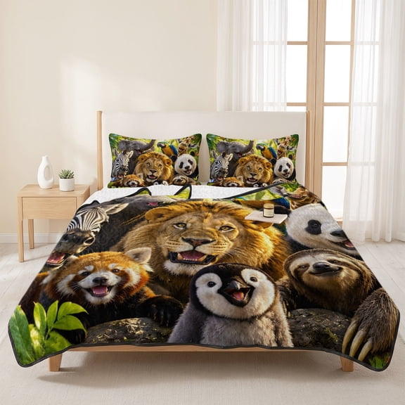 Jungle Animals Elephant Lion Pattern 3 Pieces Quilt Set,1 Quilt with 2 Shams,Zebra Panda Sloth Bedspread Soft Lightweight Bedding Coverlet Comforter Set for All Season 96"x106"