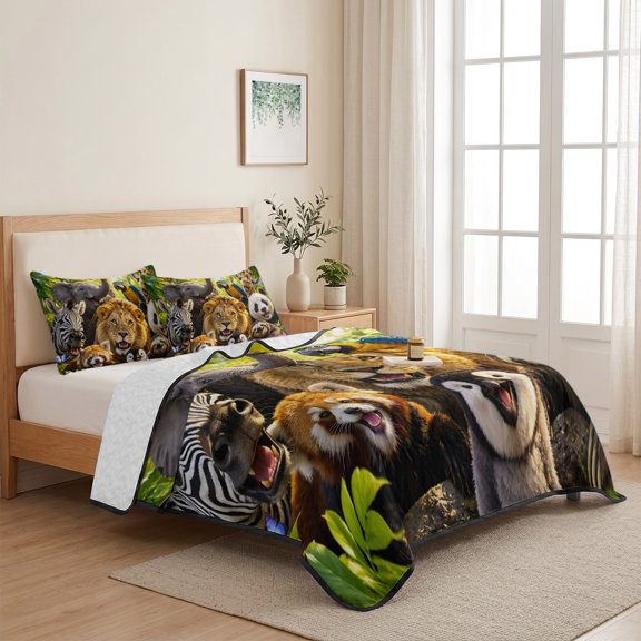 Jungle Animals Elephant Lion Pattern 3 Pieces Quilt Set,1 Quilt with 2 Shams,Zebra Panda Sloth Bedspread Soft Lightweight Bedding Coverlet Comforter Set for All Season 68"x98"