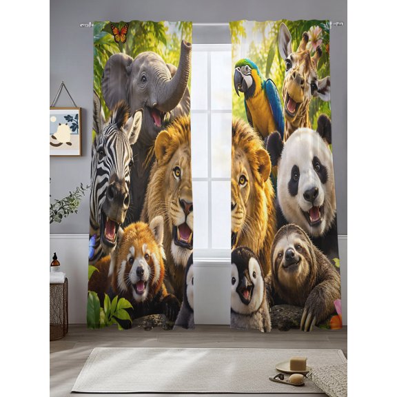 Jungle Animals Elephant Lion Pattern Chiffon Sheer Curtains 84 Inches Long Zebra Panda Sloth Rod Pocket Window Curtains Voile Drapes Curtains for Living Room Bedroom,2 Panels