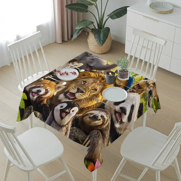 Jungle Animals Elephant Lion Pattern Table Cloth 54x54in, Waterproof Square Tablecloth Wipeable Tablecloths Zebra Panda Sloth Table Covers for Dining Tables Party Indoor Outdoor