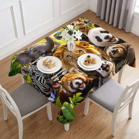 Jungle Animals Elephant Lion Pattern Table Cloth 60x84in, Waterproof Rectangle Tablecloth Wipeable Tablecloths Zebra Panda Sloth Table Covers for Dining Tables Party Indoor Outdoor