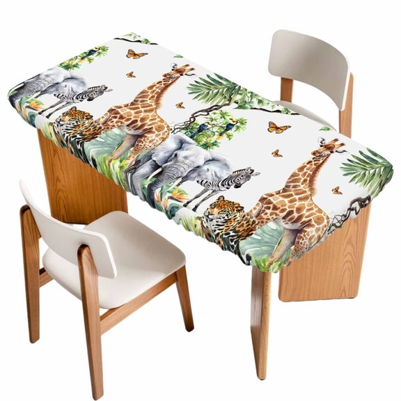 Jungle Animals Fitted Rectangle Tablecloth 24" x 36" Giraffe Zebra Elephant Tiger Hawaii Tropical Plant Elastic Table Cloth Fits for 3 Foot Folding Tables Waterproof Table Cover for Picnic Camping